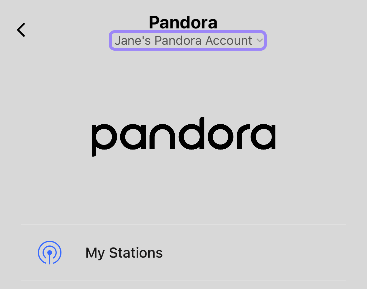 A screenshot illustrating the location of the account switch on Pandora